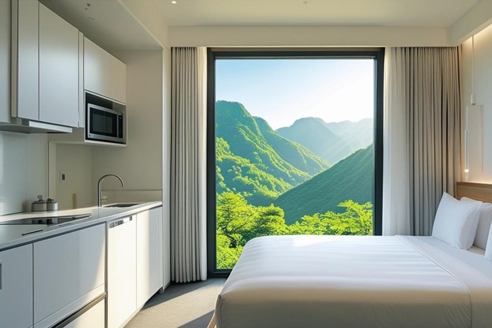 Mieszkanie - Sprzedaż - Ustroń, Polska - Referring to the image, create a modern interior of a hotel room with a small kitchenette and a view of the green mountains outs - 470131058-365